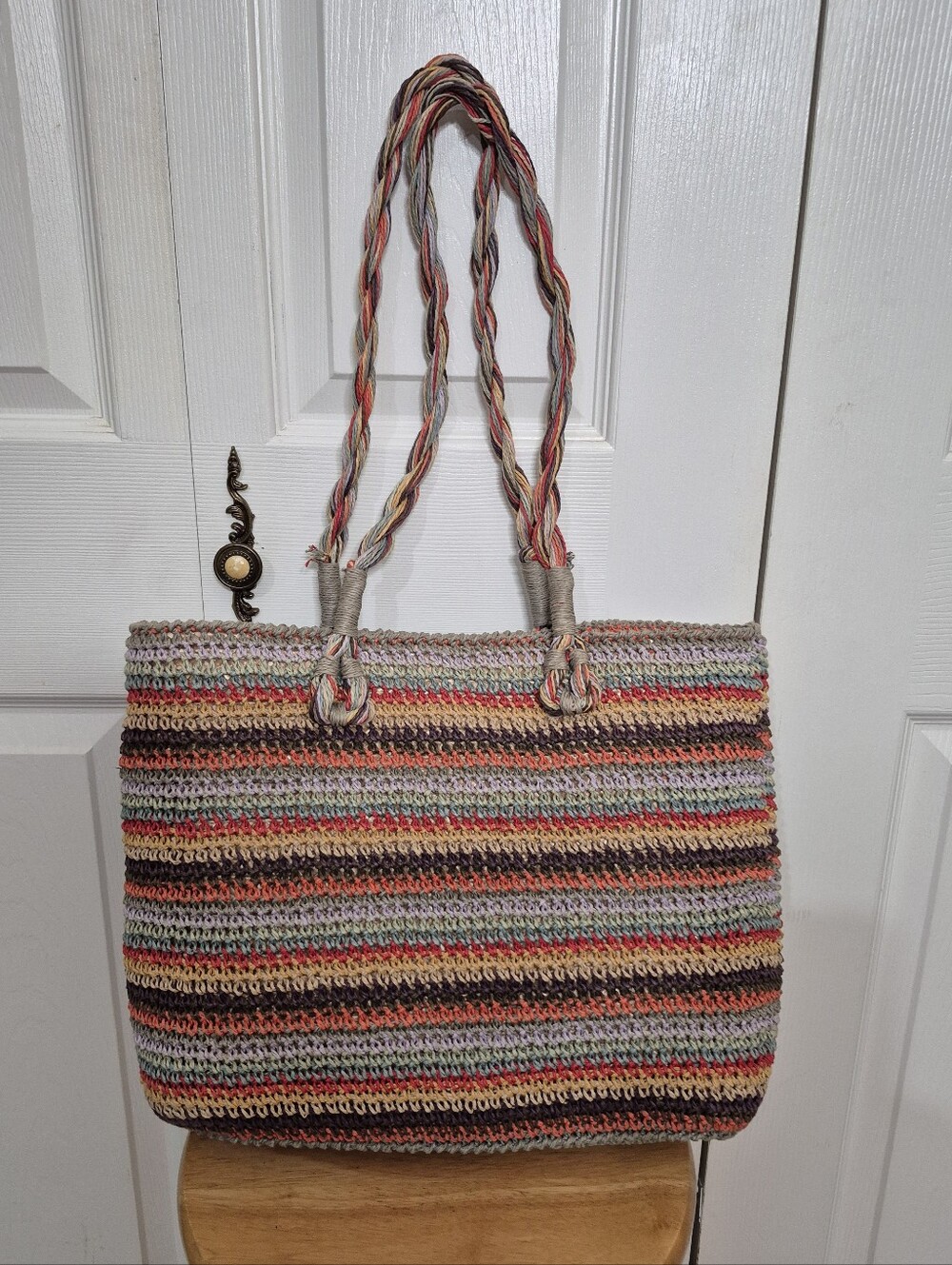Paper rope yarn crochet rainbow stripe basket tote bag